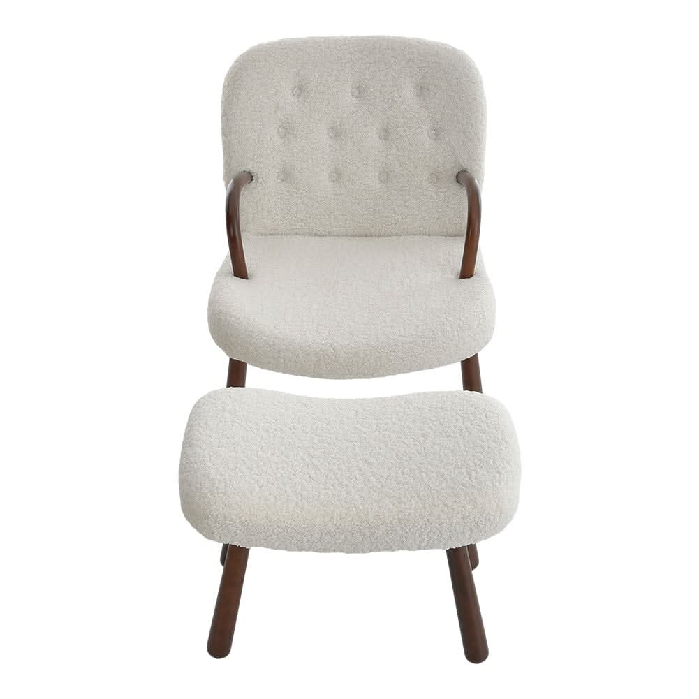 Modern White Lamb Wool Armchair with Ottoman Set Lounge Chair with Footstool