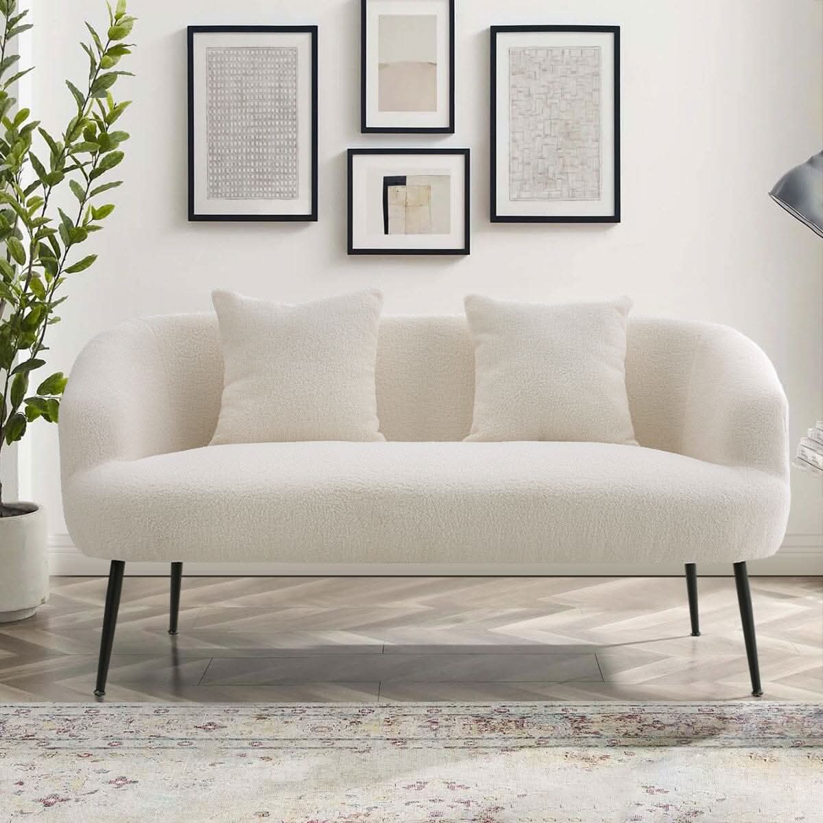 2 Seater Sofa White Teddy Fleece Black Metal Legs With Cushions