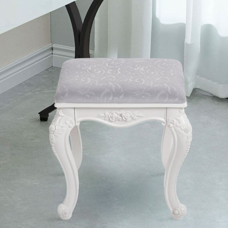 Printed Velvet Vanity Stool with White Resin Curved Legs