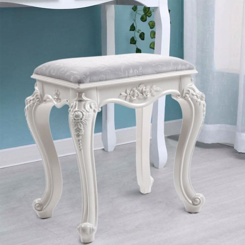 Printed Velvet Vanity Stool with White Resin Curved Legs