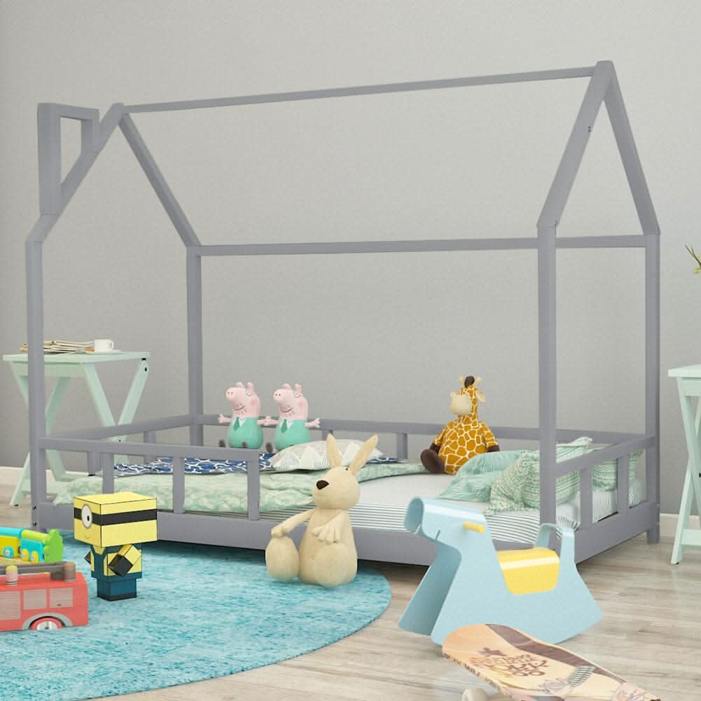 80X160CM Grey Wooden Single House Bed for Kids