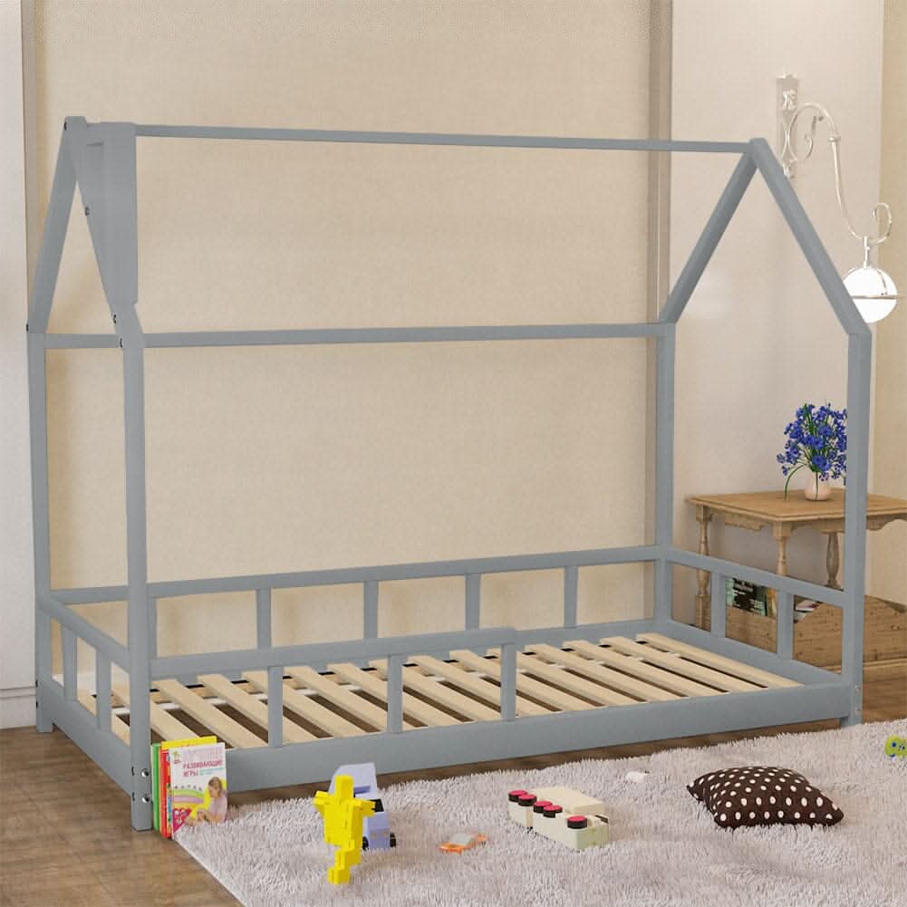 80X160CM Grey Wooden Single House Bed for Kids