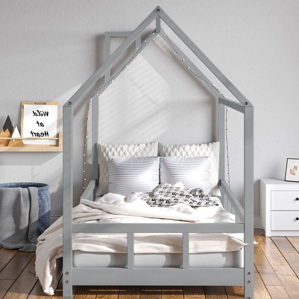 80X160CM Grey Wooden Single House Bed for Kids