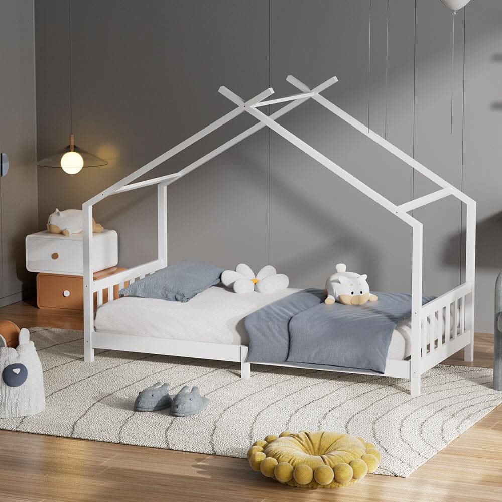 206cm W Nordic Style Pine Wood Bed Frame Toddler Kid Single Bed with Roof