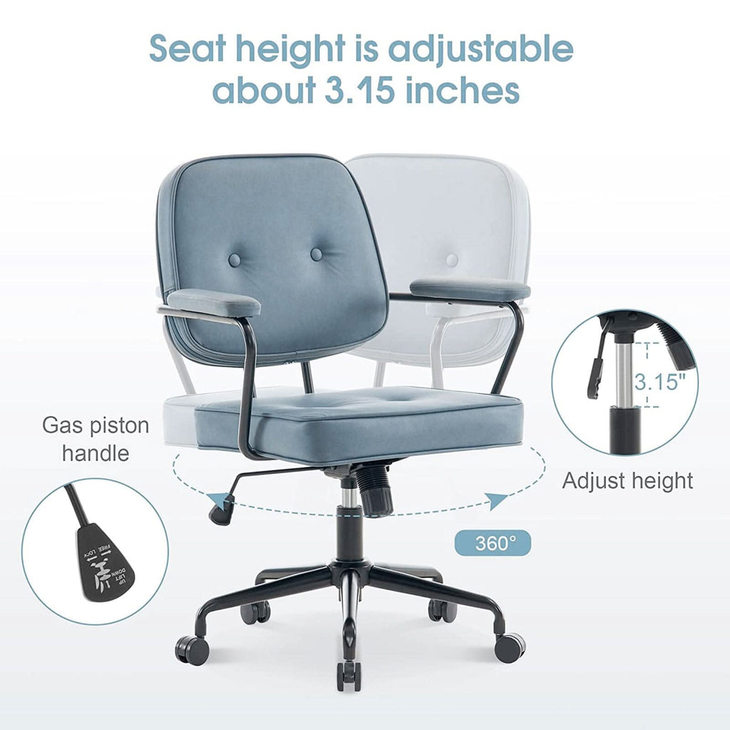 Blue Upholstered Office Chair with Armrests and Rolling Wheels