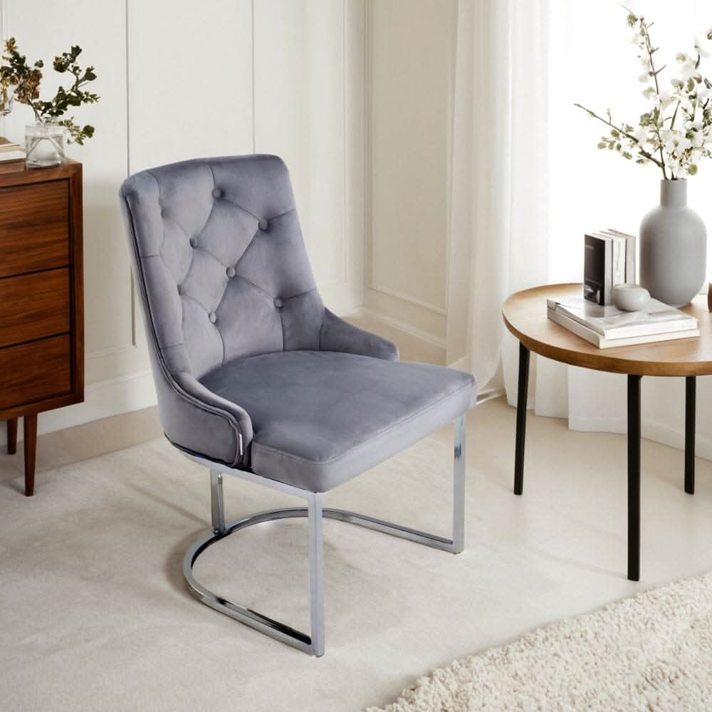 Velvet Upholstered Dining Chair Button Tufted Design Light Grey