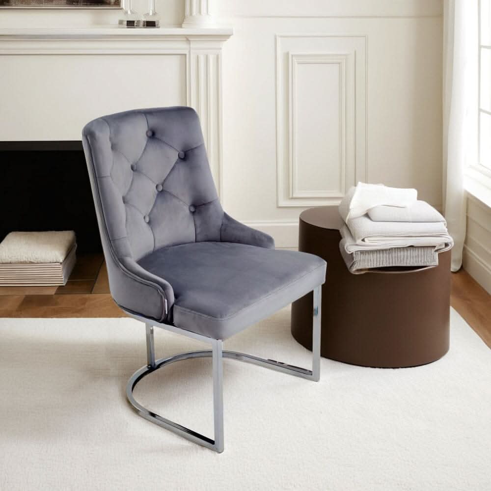Velvet Upholstered Dining Chair Button Tufted Design Light Grey