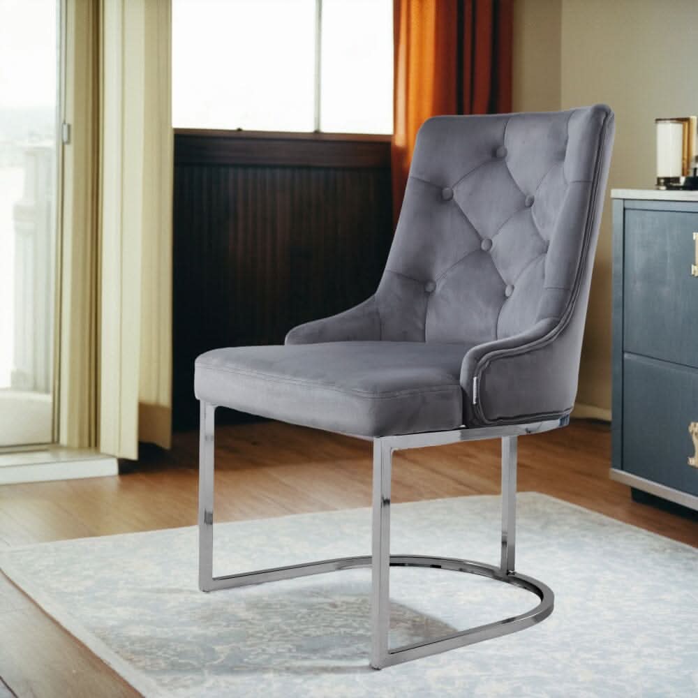 Velvet Upholstered Dining Chair Button Tufted Design Light Grey