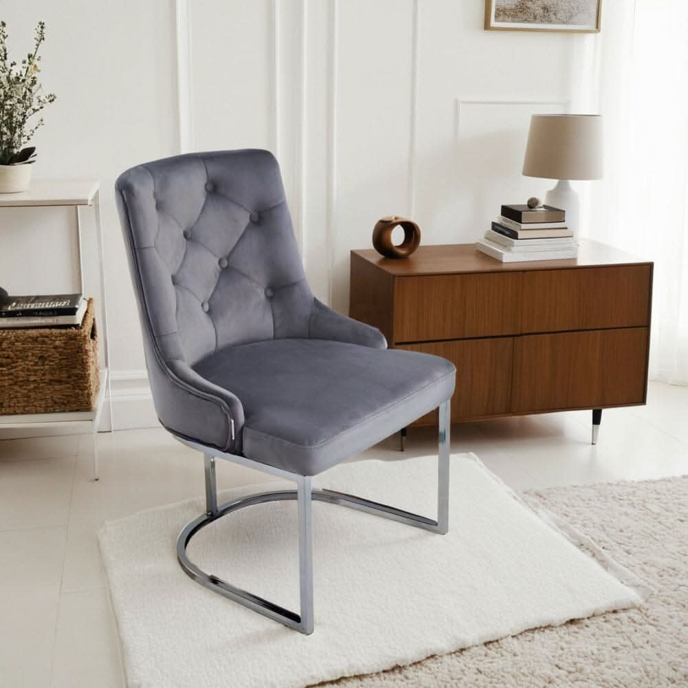 Velvet Upholstered Dining Chair Button Tufted Design Light Grey