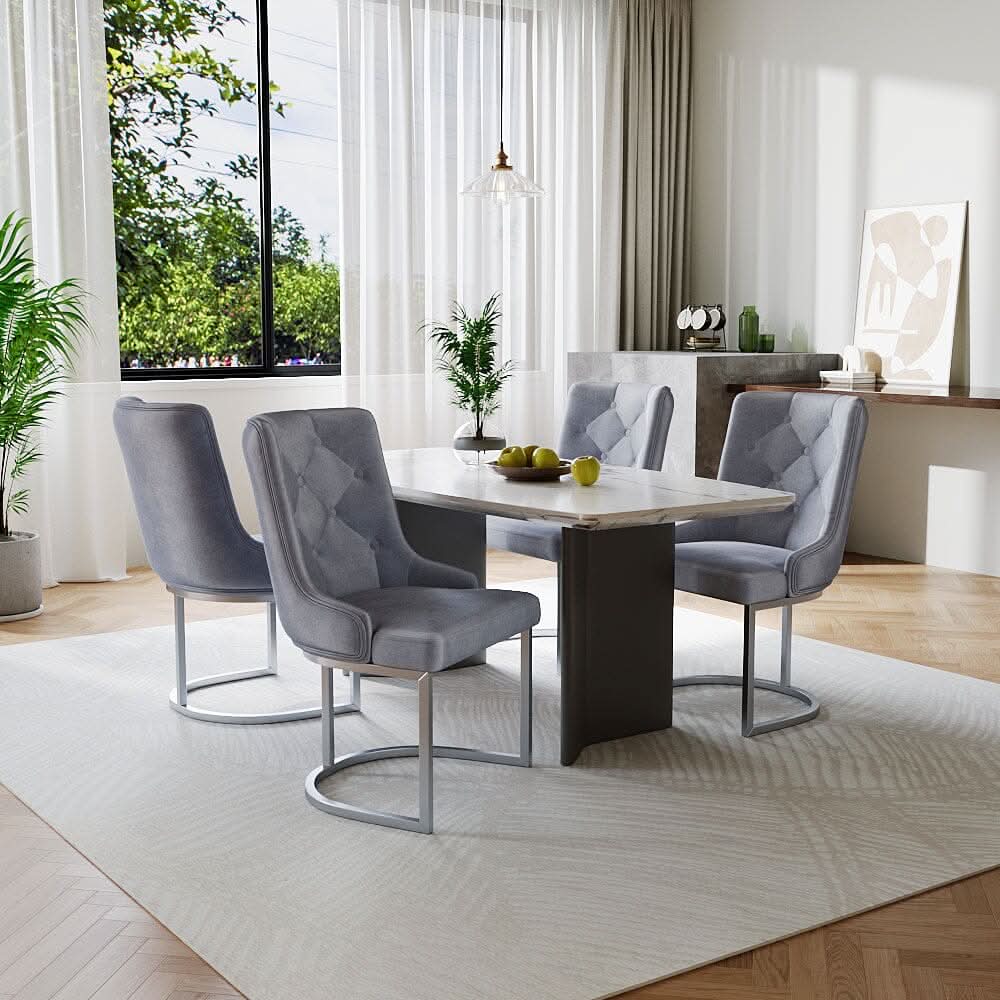 Velvet Upholstered Dining Chair Button Tufted Design Light Grey