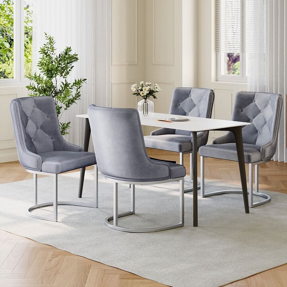 Velvet Upholstered Dining Chair Button Tufted Design Light Grey