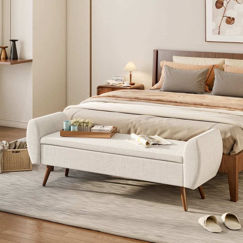 Upholstered Storage Bench with Hidden Compartment – Fabric Ottoman with Wooden Legs