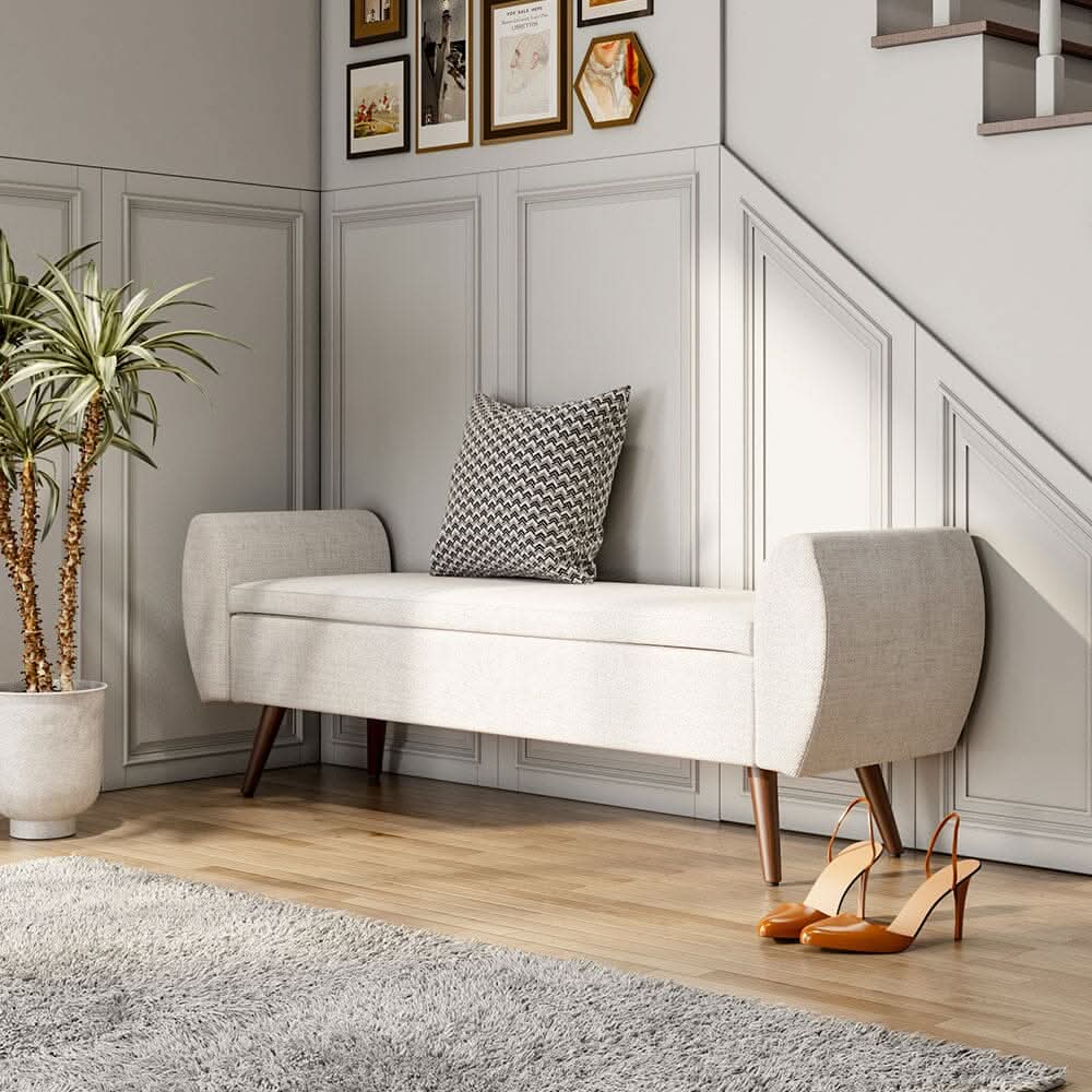 Upholstered Storage Bench with Hidden Compartment – Fabric Ottoman with Wooden Legs