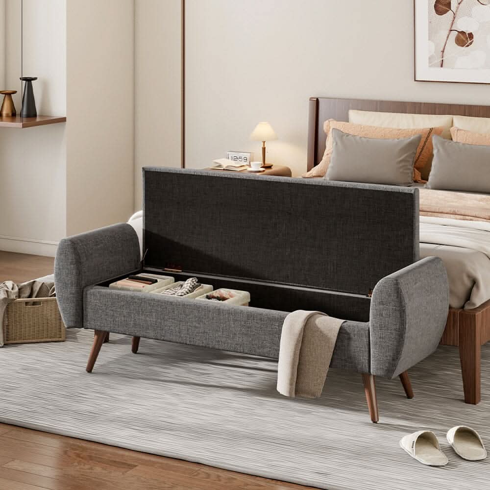 Upholstered Storage Bench with Hidden Compartment – Fabric Ottoman with Wooden Legs