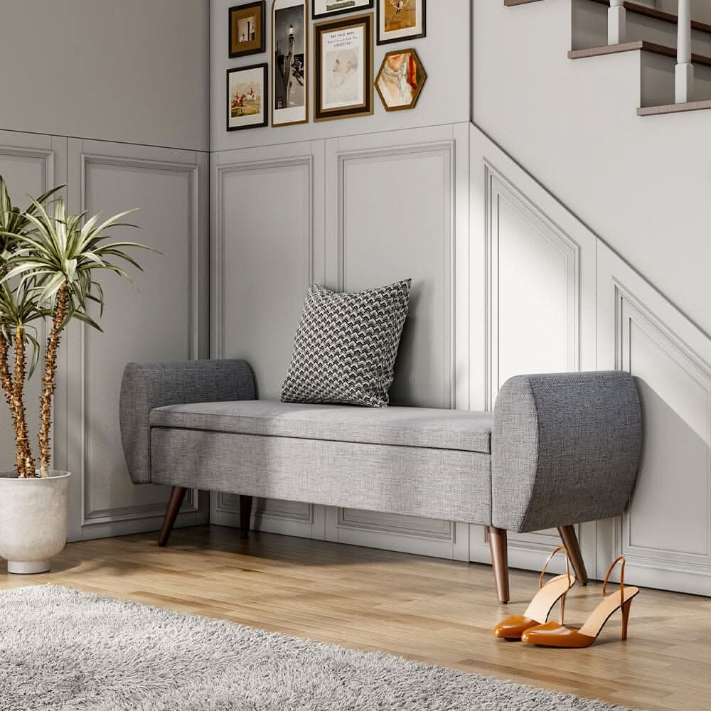 Upholstered Storage Bench with Hidden Compartment – Fabric Ottoman with Wooden Legs