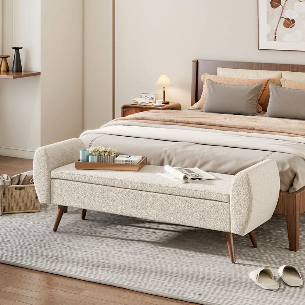 Upholstered Storage Bench with Hidden Compartment – Fabric Ottoman with Wooden Legs