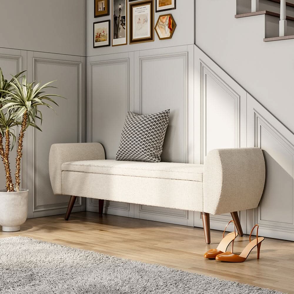 Upholstered Storage Bench with Hidden Compartment – Fabric Ottoman with Wooden Legs