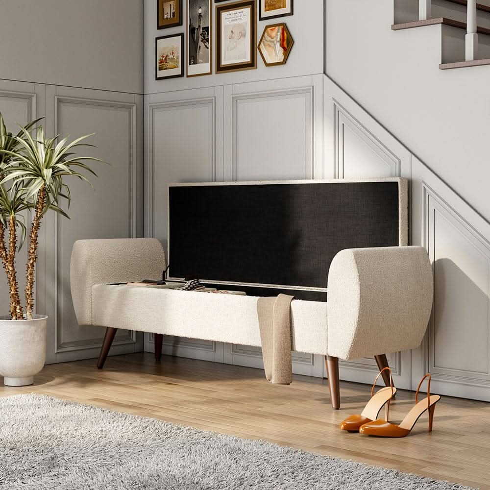 Upholstered Storage Bench with Hidden Compartment – Fabric Ottoman with Wooden Legs