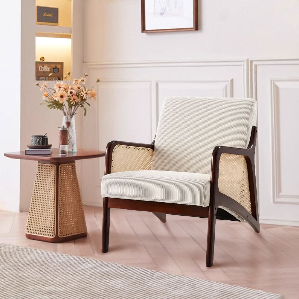 Scandi-Boho Rattan & Bouclé Accent Chair – Beige Corduroy