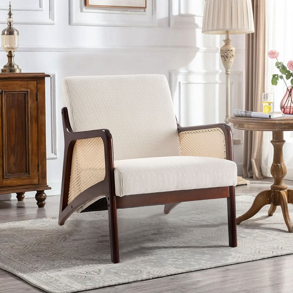 Scandi-Boho Rattan & Bouclé Accent Chair – Beige Corduroy