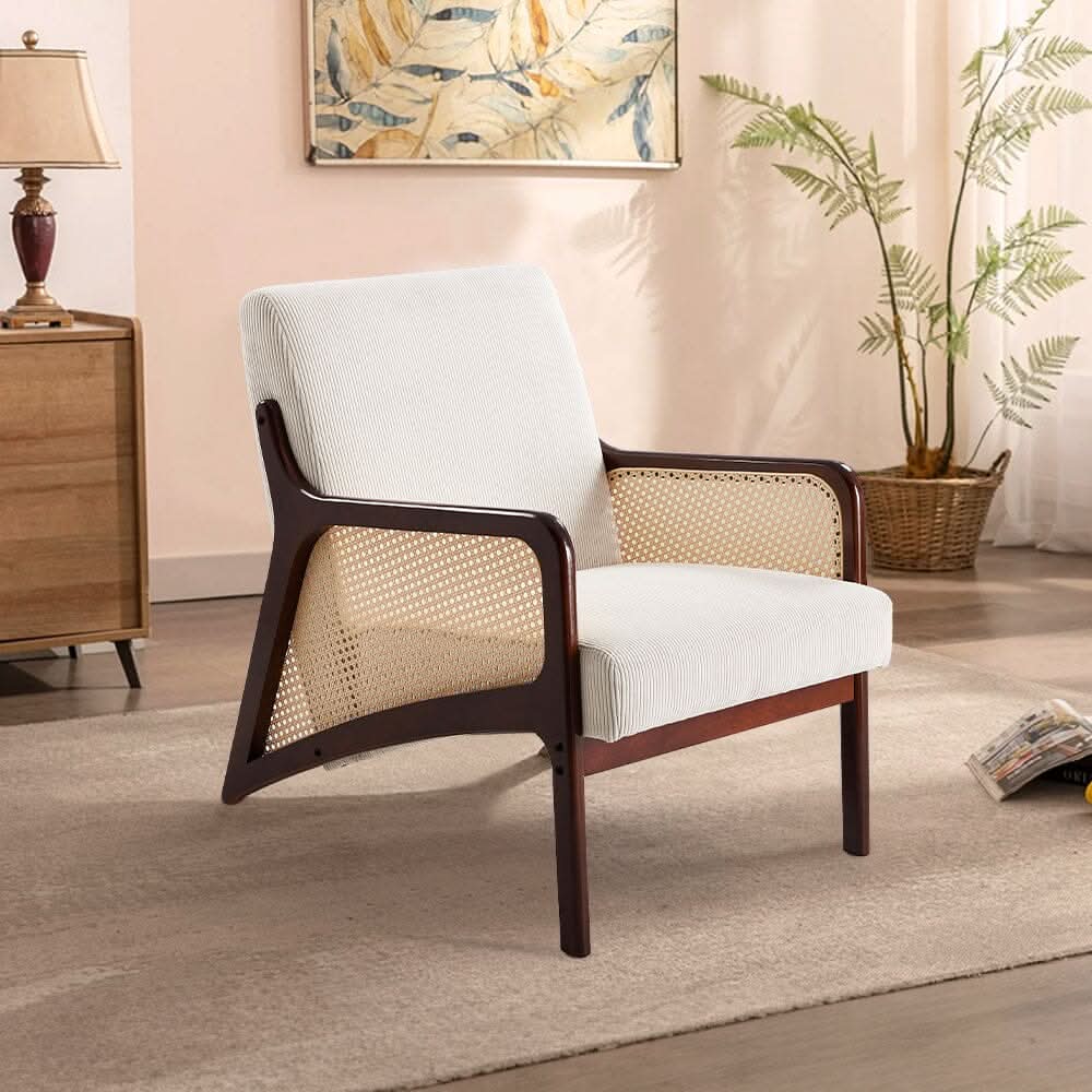 Scandi-Boho Rattan & Bouclé Accent Chair – Beige Corduroy