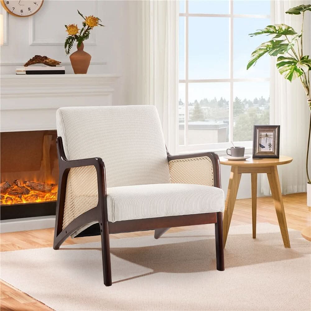 Scandi-Boho Rattan & Bouclé Accent Chair – Beige Corduroy