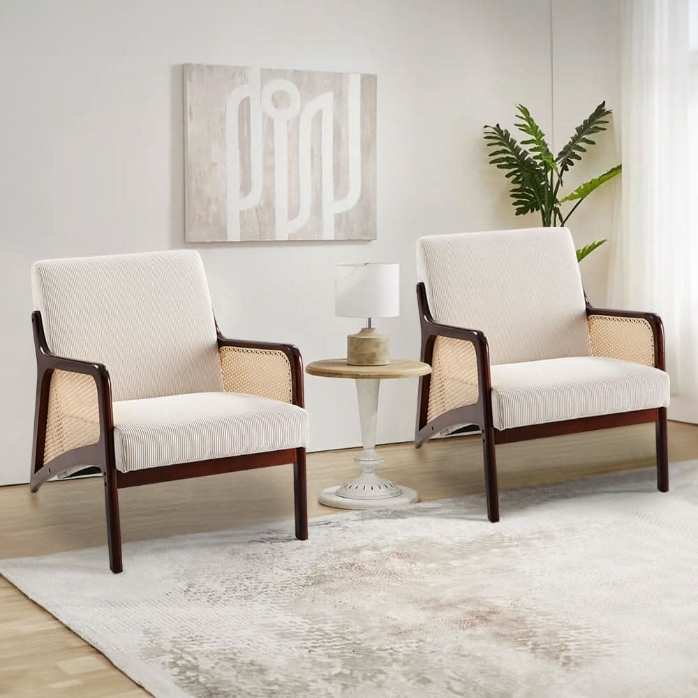 Scandi-Boho Rattan & Bouclé Accent Chair – Beige Corduroy