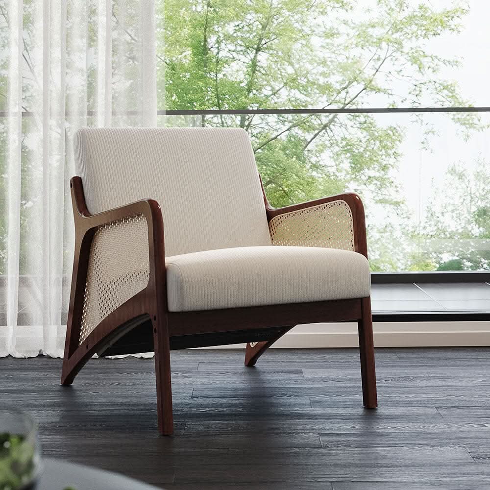 Scandi-Boho Rattan & Bouclé Accent Chair – Beige Corduroy