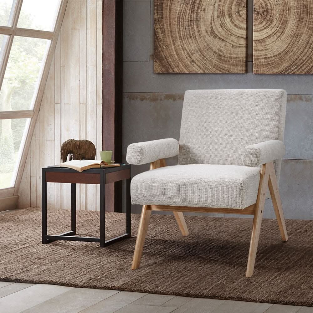 Linen Upholsteried Wooden Armchair