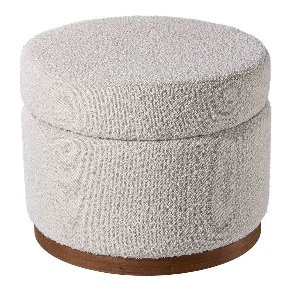 Large Off-White Fleece Storage Ottoman with Wooden Base