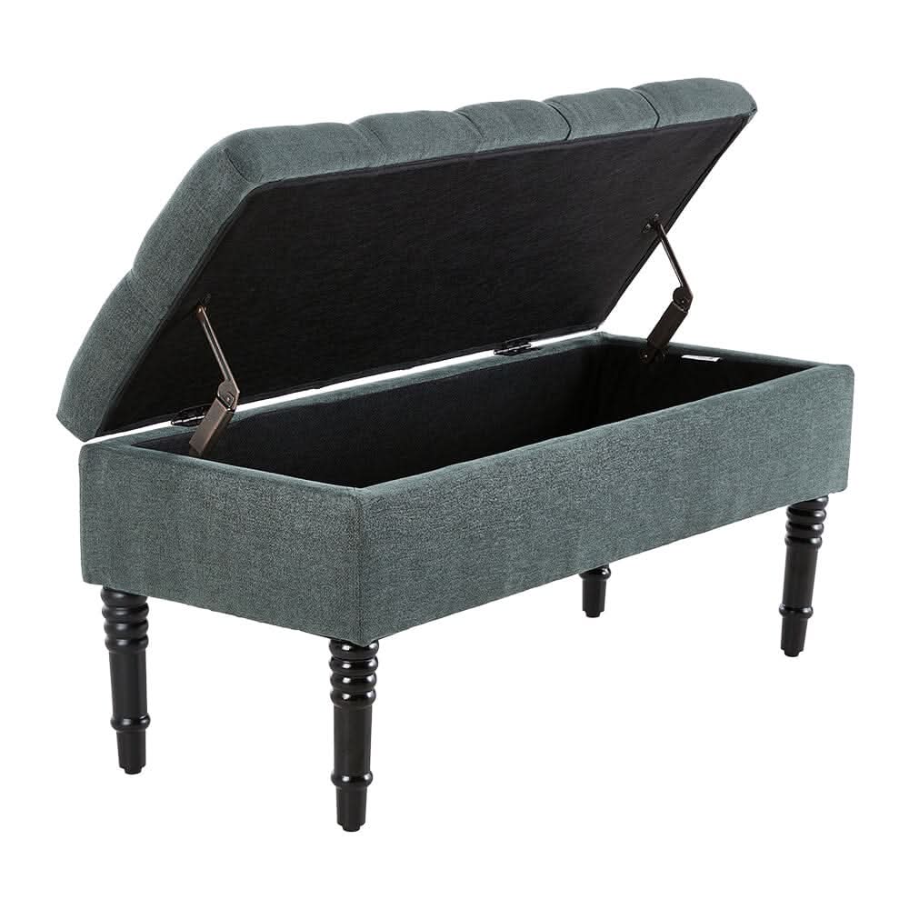 Green Linen Storage Bench with Tufted Top & Black Rubberwood Curved Legs