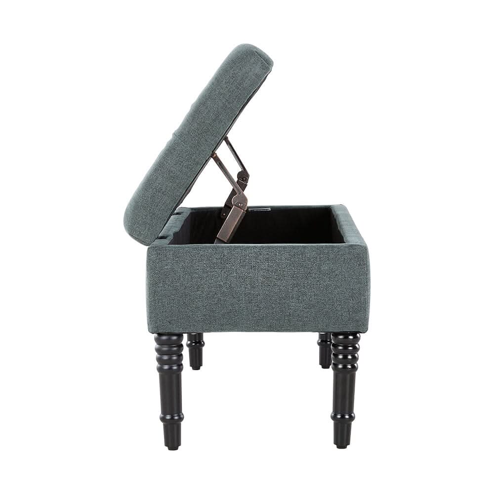 Green Linen Storage Bench with Tufted Top & Black Rubberwood Curved Legs