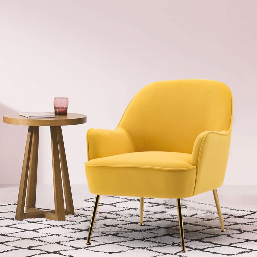 Retro Glam Accent Chair Mustard Yellow Velvet with Gold Legs