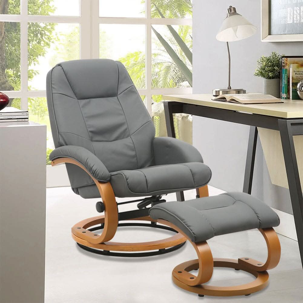Executive Chair with Ottoman Grey PU Leather 360 Swivel Wood Base