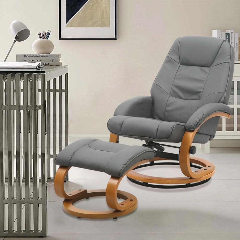 Executive Chair with Ottoman Grey PU Leather 360 Swivel Wood Base