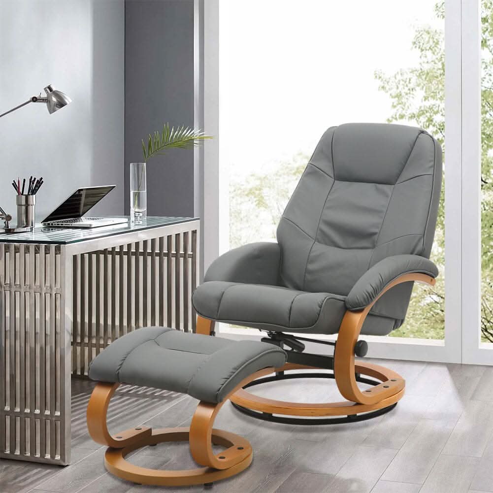 Executive Chair with Ottoman Grey PU Leather 360 Swivel Wood Base