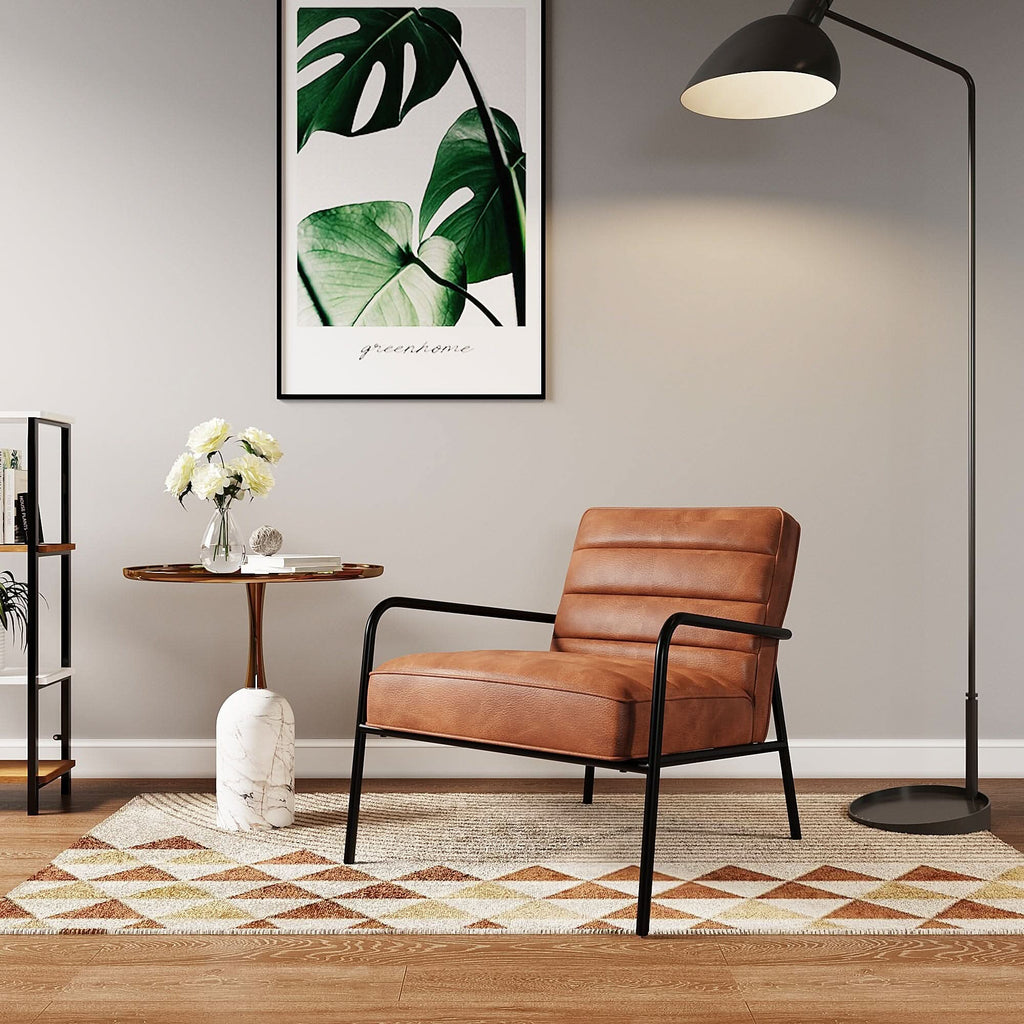 Modern Leisure Accent Chair Brown Faux Leather with Black Metal Frame