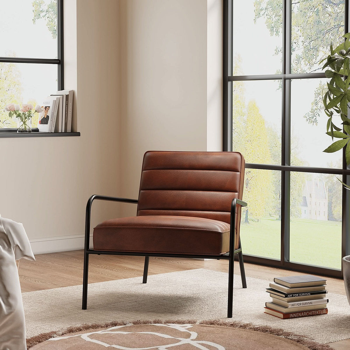 Modern Leisure Accent Chair Brown Faux Leather with Black Metal Frame