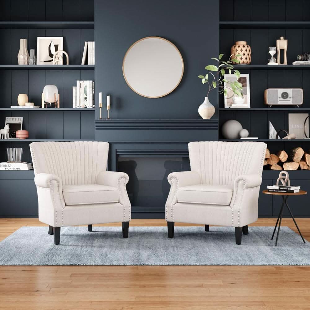 Accent Chair Beige Linen Black Rubber Wood Legs Spring Cushion