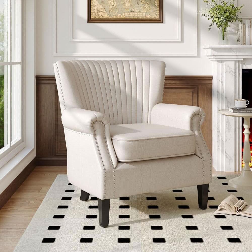 Accent Chair Beige Linen Black Rubber Wood Legs Spring Cushion