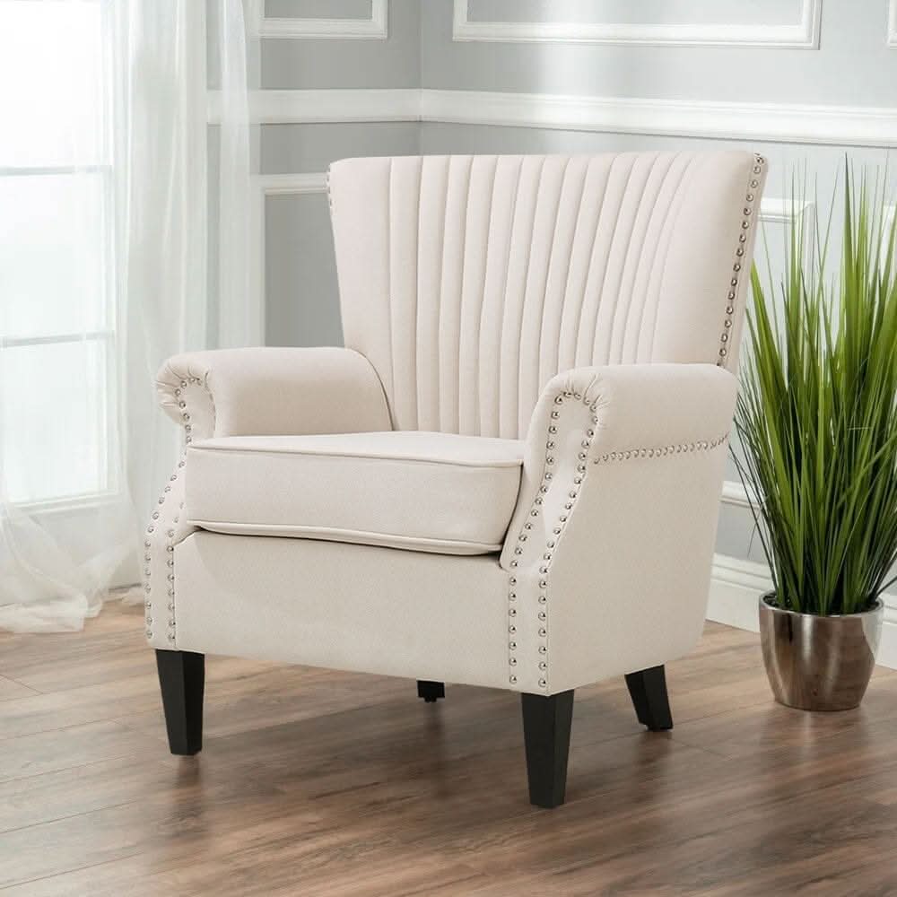 Accent Chair Beige Linen Black Rubber Wood Legs Spring Cushion