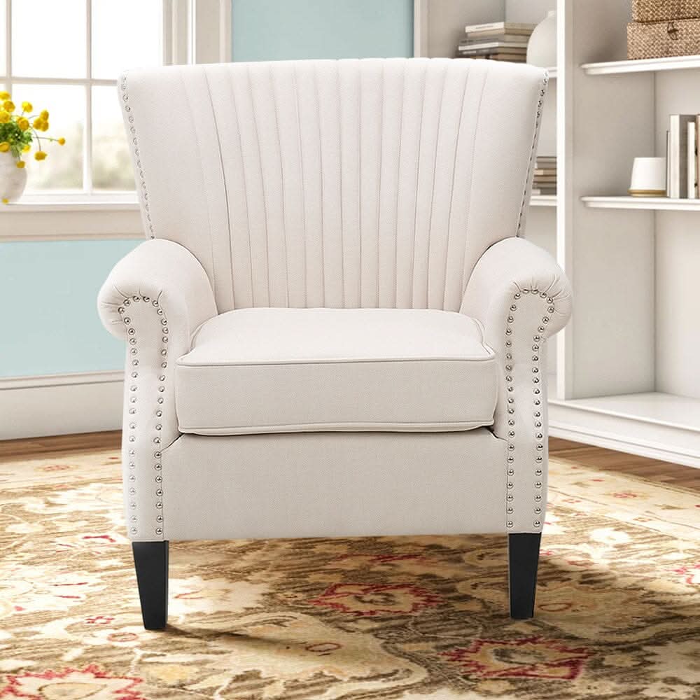 Accent Chair Beige Linen Black Rubber Wood Legs Spring Cushion