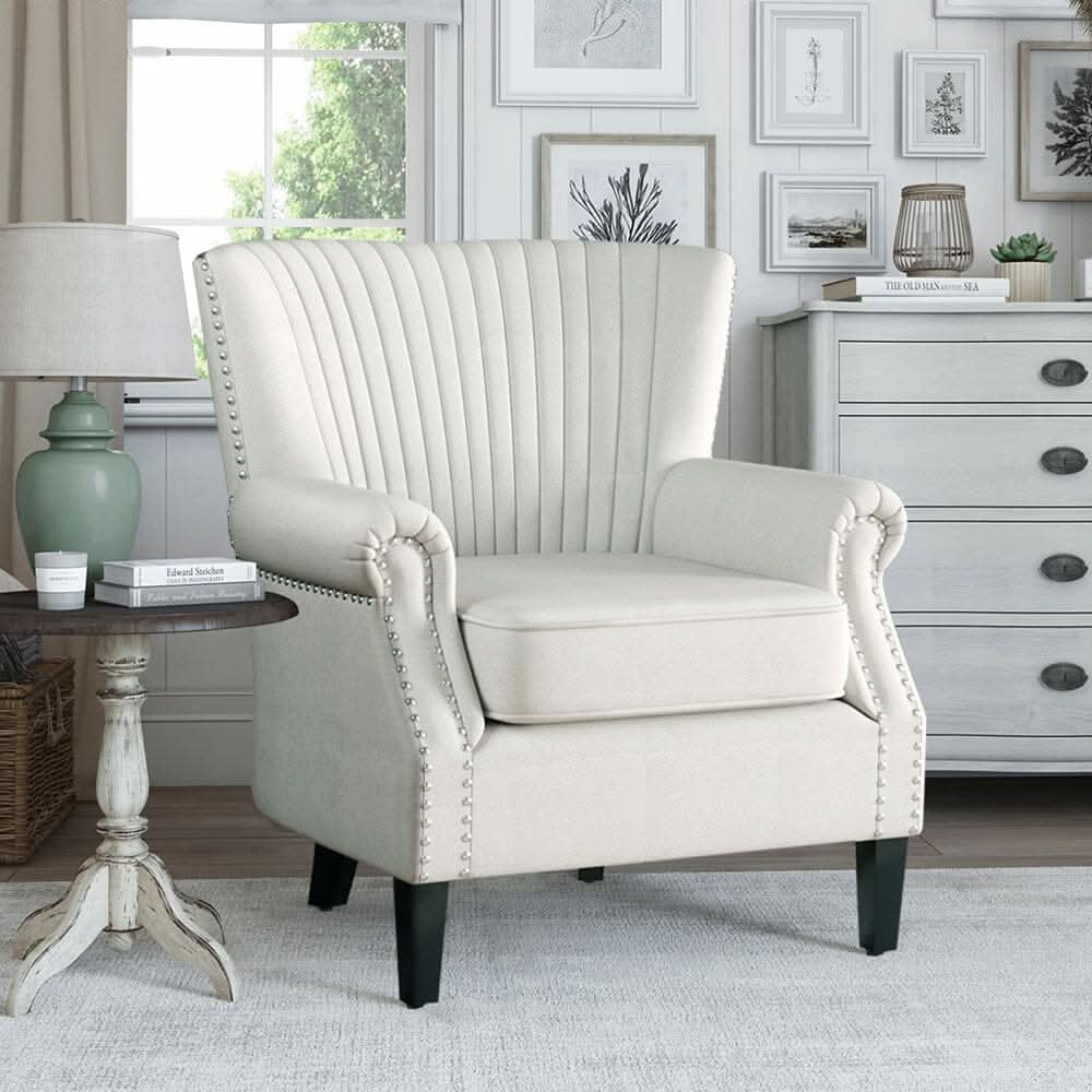 Accent Chair Beige Linen Black Rubber Wood Legs Spring Cushion