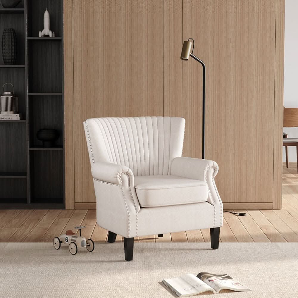 Accent Chair Beige Linen Black Rubber Wood Legs Spring Cushion