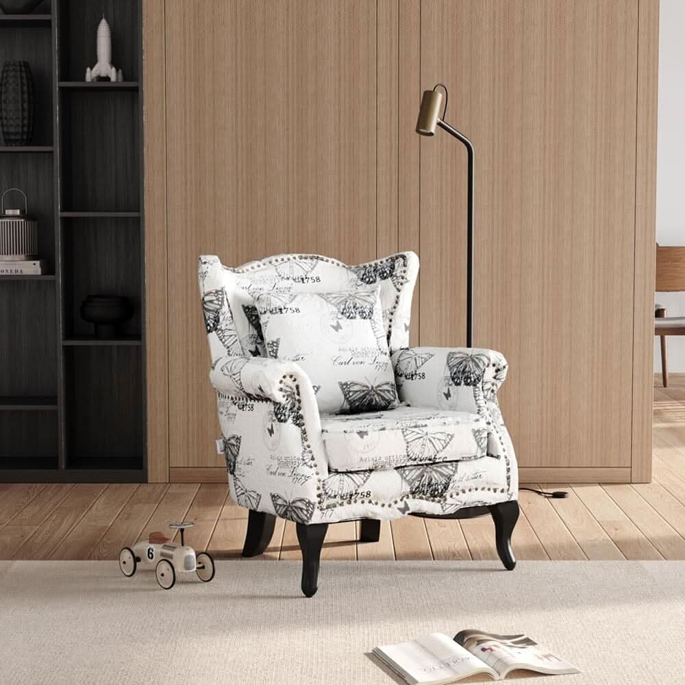 Accent Chair White Floral Linen Black Rubber Wood Tiger Legs
