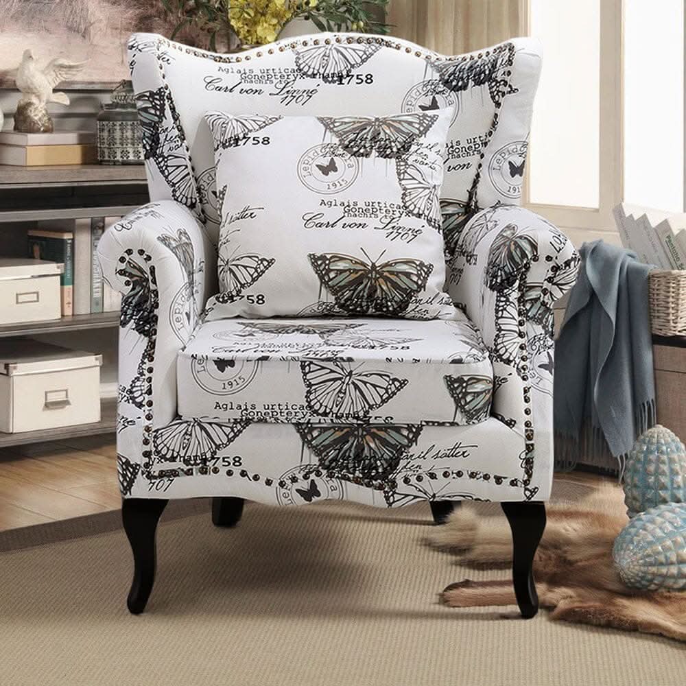 Accent Chair White Floral Linen Black Rubber Wood Tiger Legs