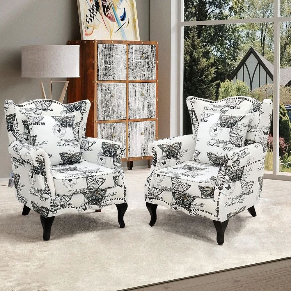 Accent Chair White Floral Linen Black Rubber Wood Tiger Legs