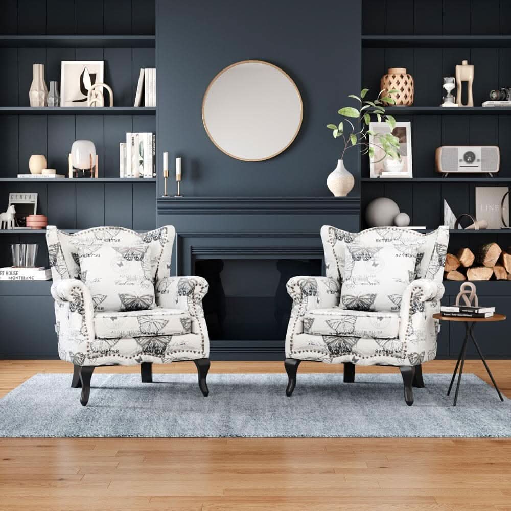 Accent Chair White Floral Linen Black Rubber Wood Tiger Legs