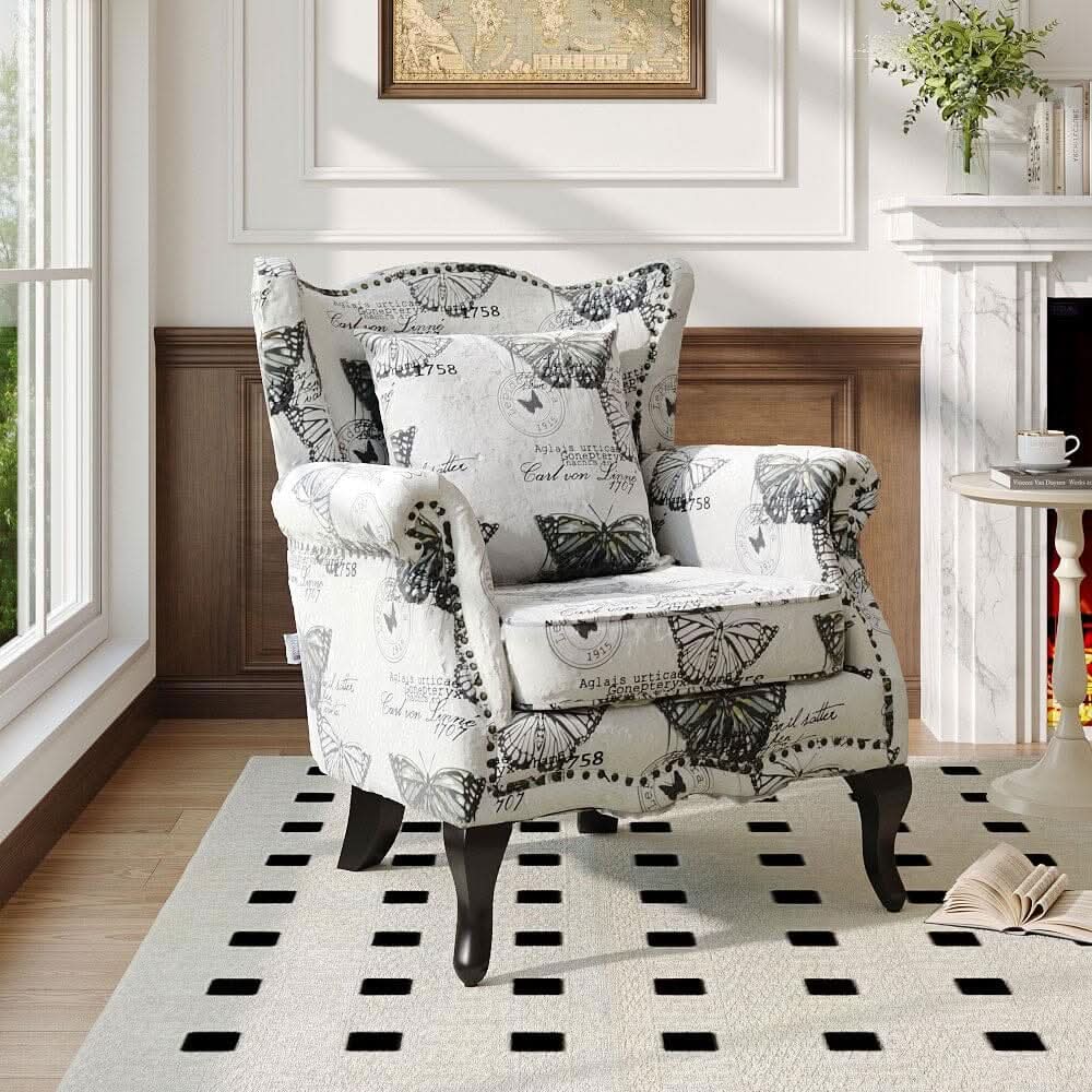 Accent Chair White Floral Linen Black Rubber Wood Tiger Legs