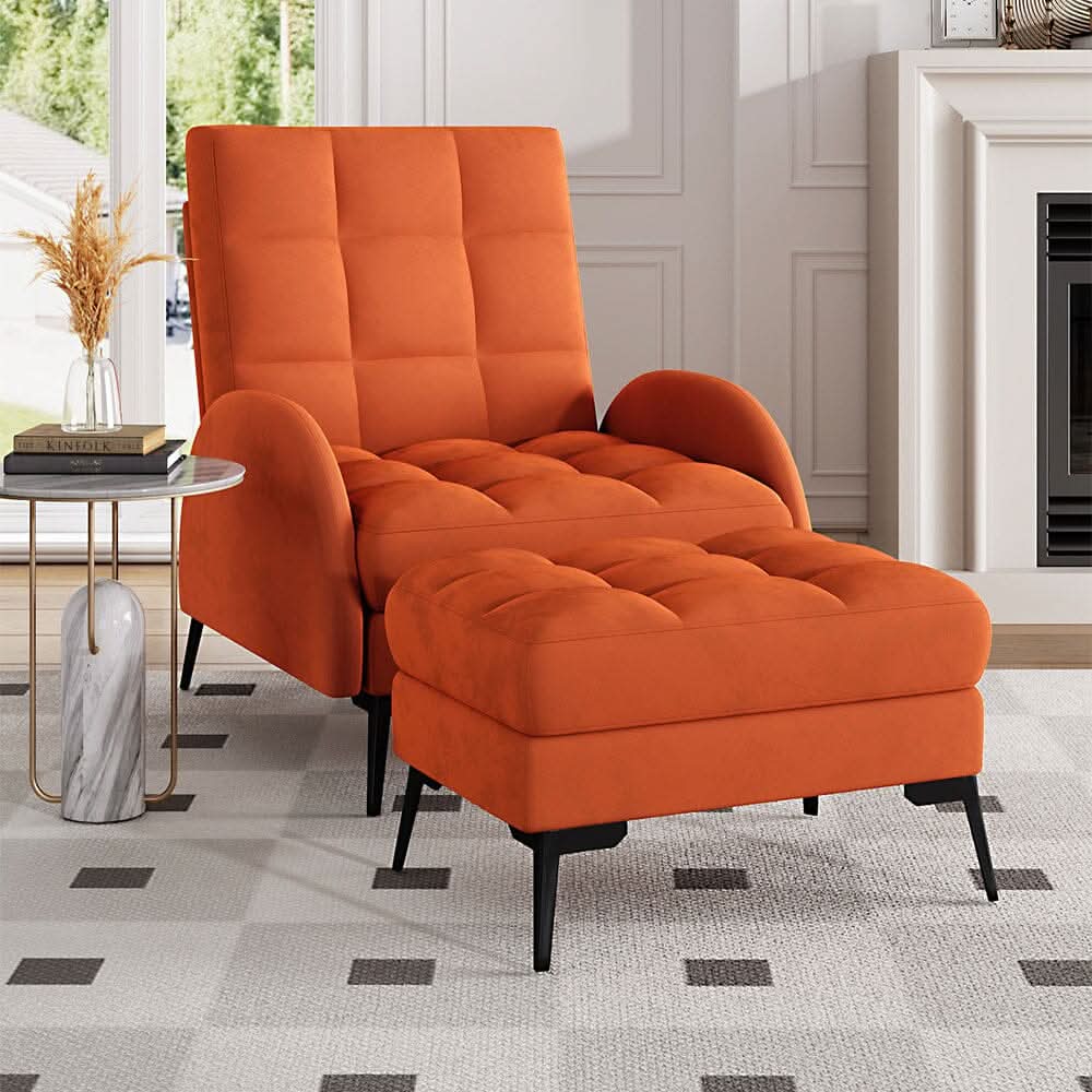 Sofa Bed Lamb Fleece 3 Recline Positions Black Metal Legs with Ottoman